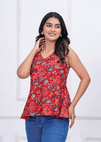 Red Cotton Floral Printed Top