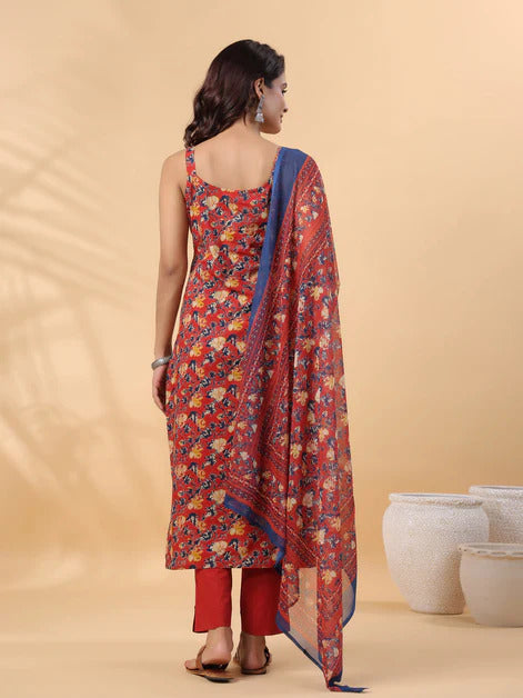 Red Printed Pure Cotton Kurti Set