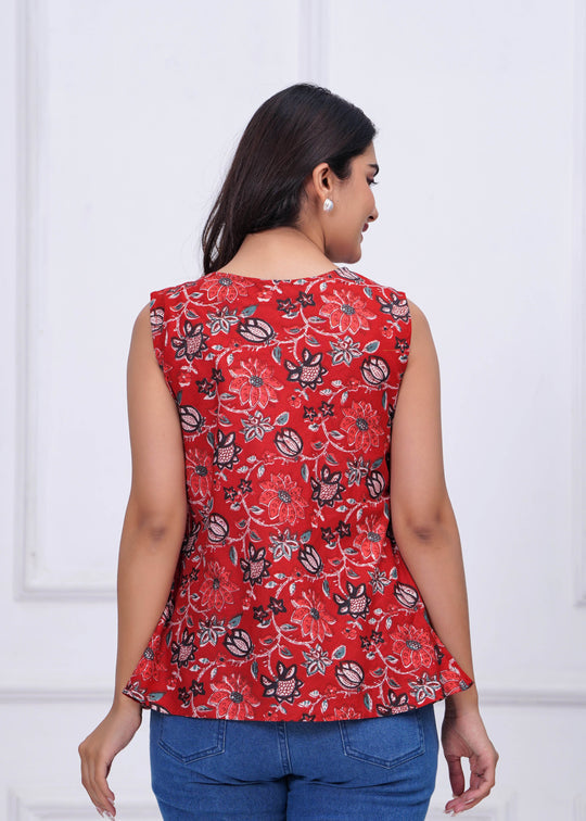 Red Cotton Floral Printed Top