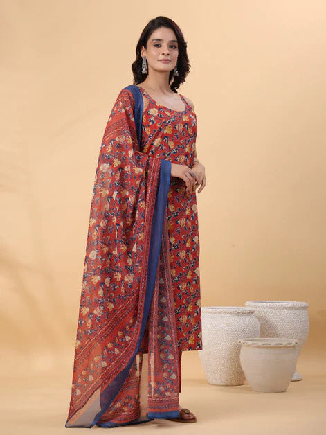 Red Printed Pure Cotton Kurti Set