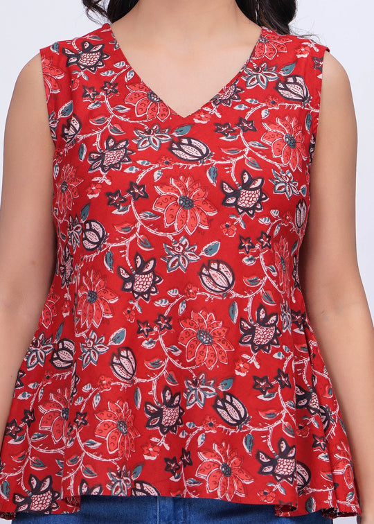 Red Cotton Floral Printed Top