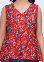 Red Cotton Floral Printed Top