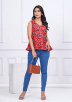 Red Cotton Floral Printed Top