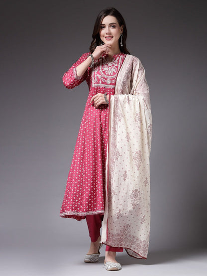 White & Magenta Block Printed RayonAnarkali kurti  Pants with dupatta