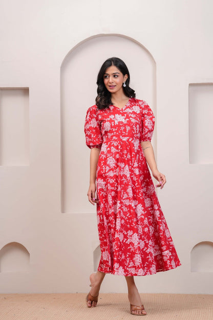 Red Floral printed Cotton Dress