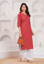 Red Printed Soft Cotton Kurti Top(Top Only)