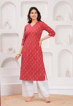 Red Printed Soft Cotton Kurti Top(Top Only)