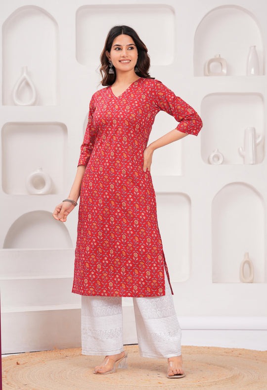 Red Printed Soft Cotton Kurti Top(Top Only)