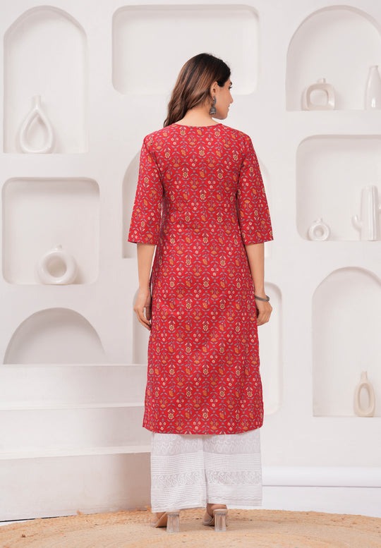 Red Printed Soft Cotton Kurti Top(Top Only)