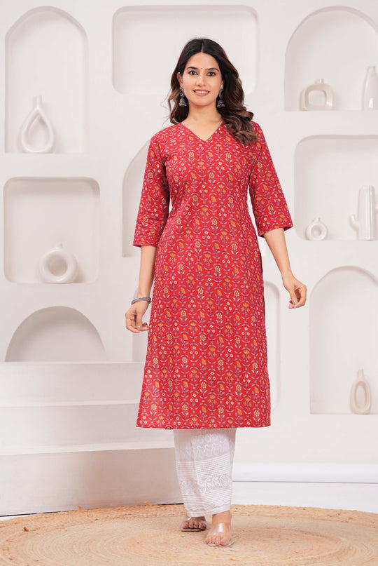 Red Printed Soft Cotton Kurti Top(Top Only)