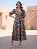 Navy Blue Cotton Floral printed  Dress