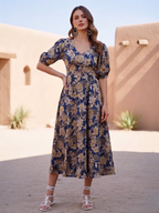 Navy Blue Cotton Floral printed  Dress