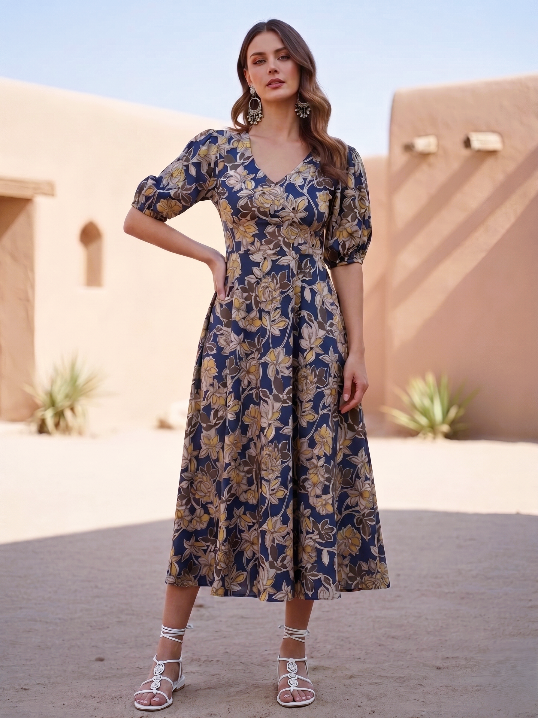 Navy Blue Cotton Floral printed  Dress