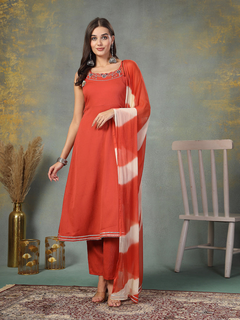 Rust Orange Solid Embroidered Poly Crepe Kurti Pants set with Dupatta