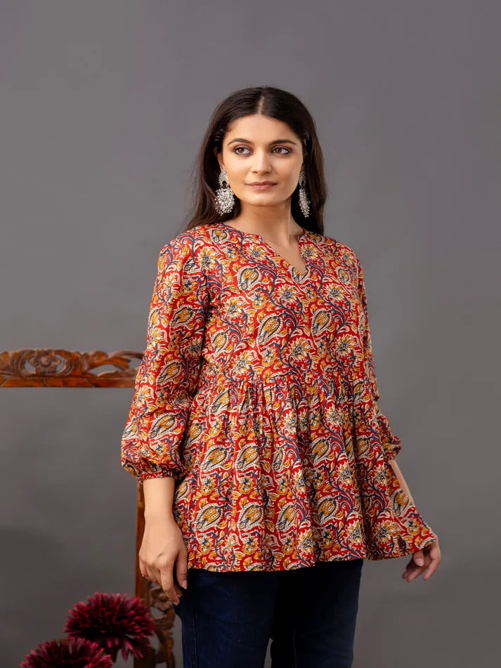 Maroon Floral Printed Cotton Peplum Top