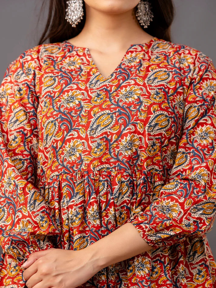 Maroon Floral Printed Cotton Peplum Top