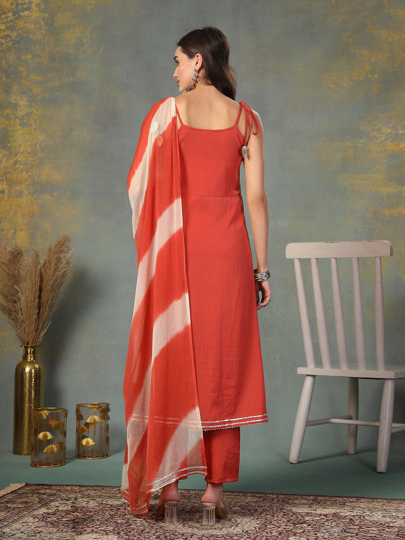 Rust Orange Solid Embroidered Poly Crepe Kurti Pants set with Dupatta