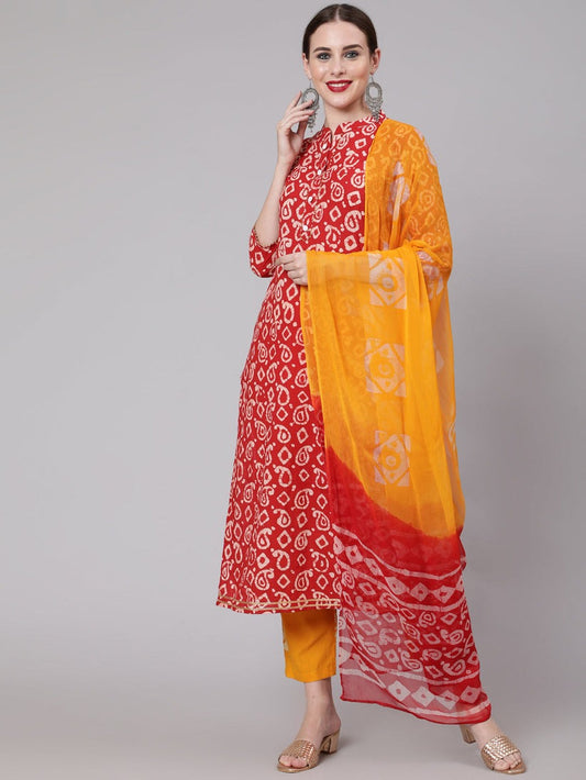 Yellow Red cotton printed kurti set