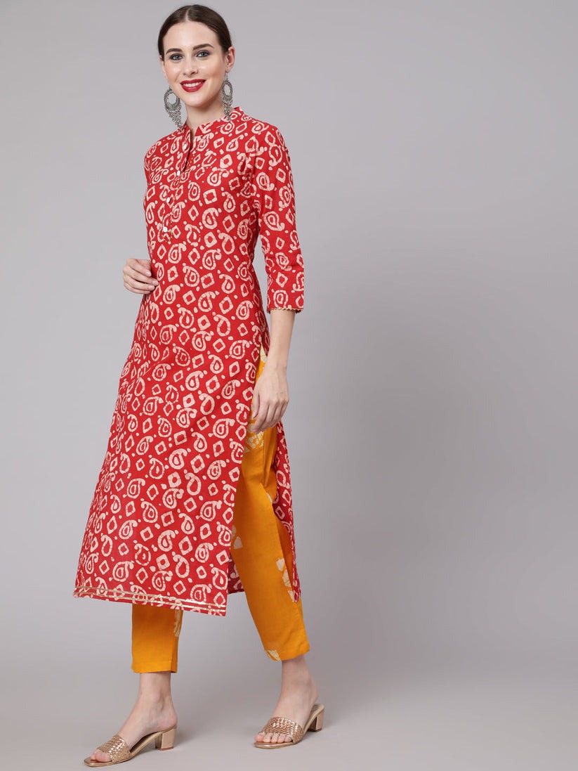 Yellow Red cotton printed kurti set