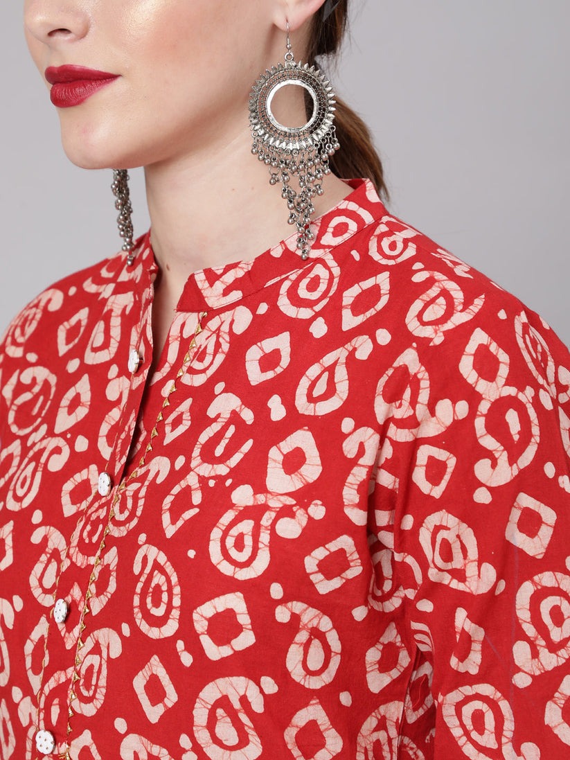 Yellow Red cotton printed kurti set
