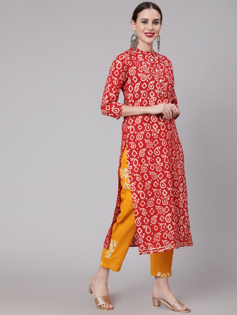 Yellow Red cotton printed kurti set