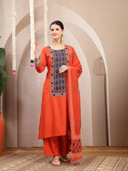 Rust orange  Embroidered Rayon kurti palazzo with printed dupatta