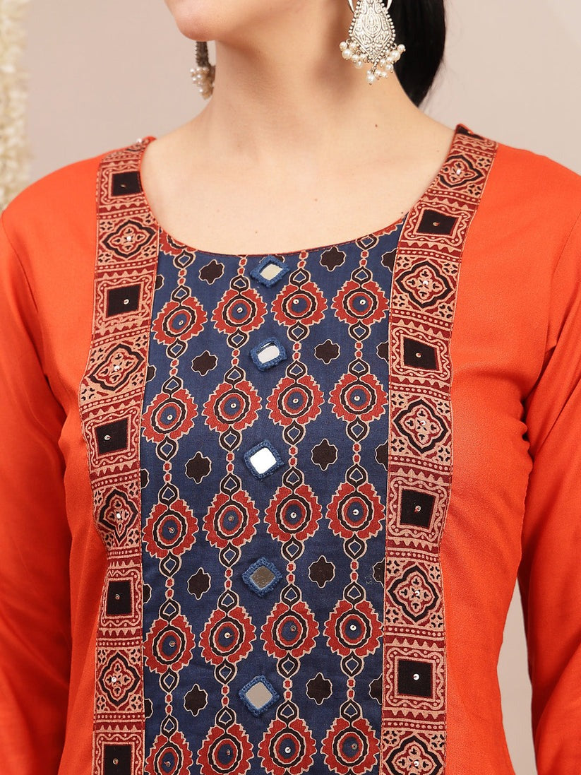 Rust orange  Embroidered Rayon kurti palazzo with printed dupatta
