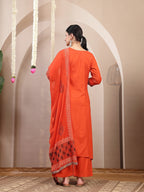 Rust orange  Embroidered Rayon kurti palazzo with printed dupatta