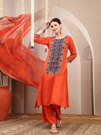 Rust orange  Embroidered Rayon kurti palazzo with printed dupatta