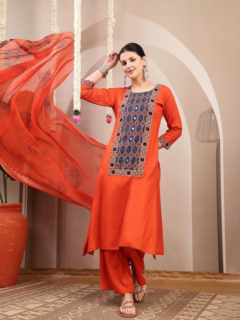 Rust orange  Embroidered Rayon kurti palazzo with printed dupatta