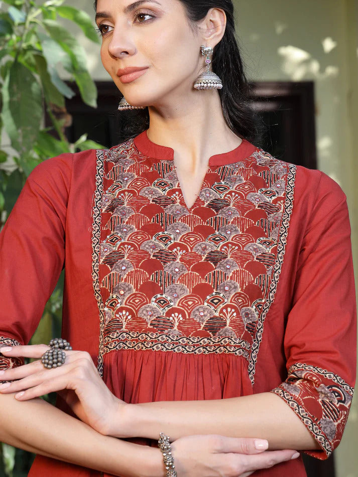Rust Printed Cotton Kurti Plazoo Set