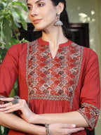 Rust Printed Cotton Kurti Plazoo Set