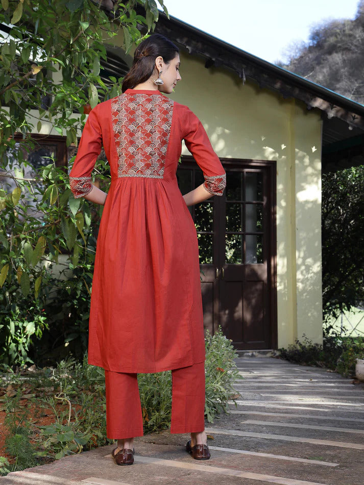 Rust Printed Cotton Kurti Plazoo Set