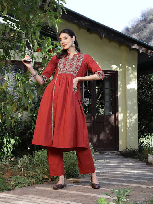 Rust Printed Cotton Kurti Plazoo Set