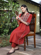 Rust Printed Cotton Kurti Plazoo Set