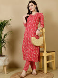 Pink  Printed Cotton Kurti With Pants