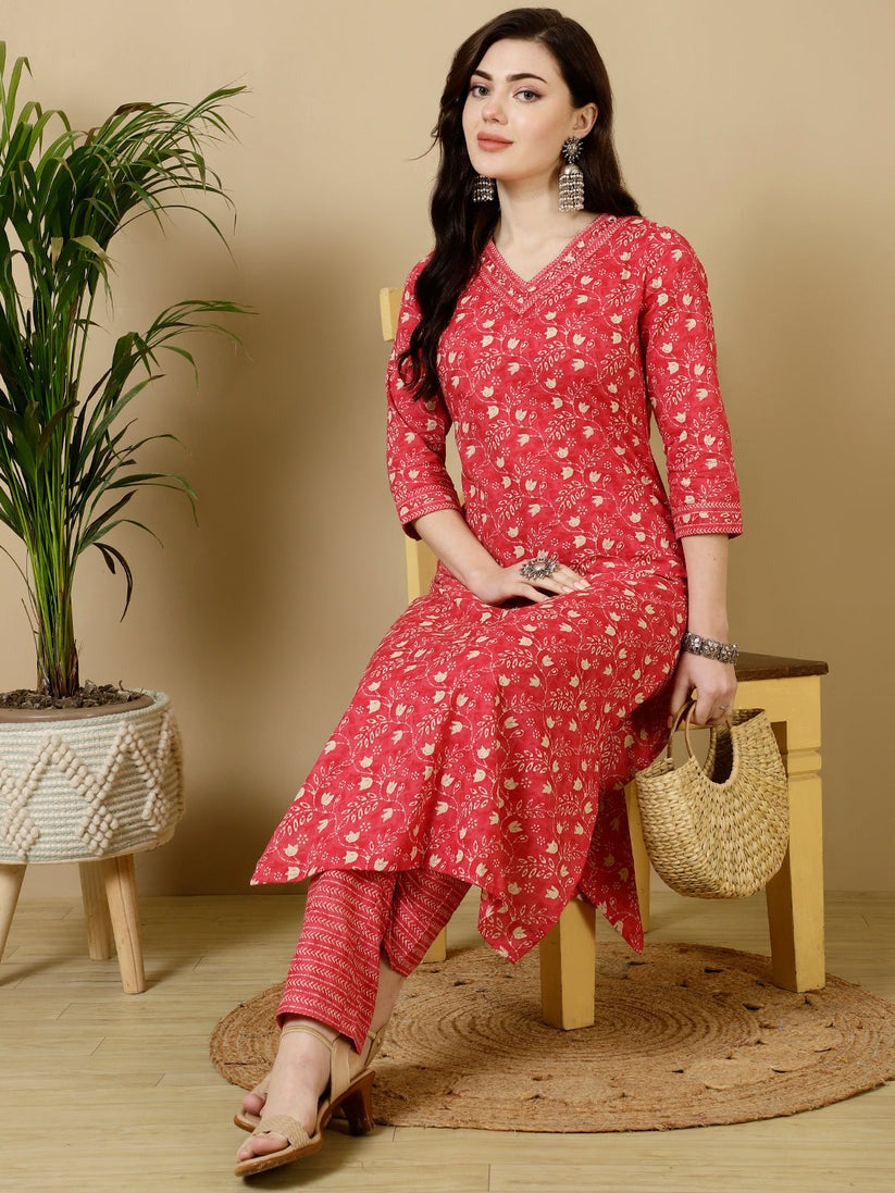Pink  Printed Cotton Kurti With Pants