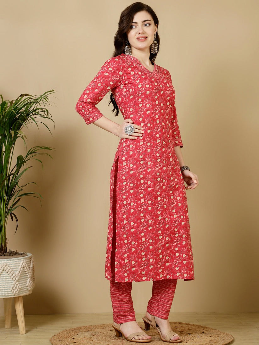 Pink  Printed Cotton Kurti With Pants