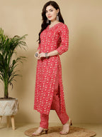 Pink  Printed Cotton Kurti With Pants