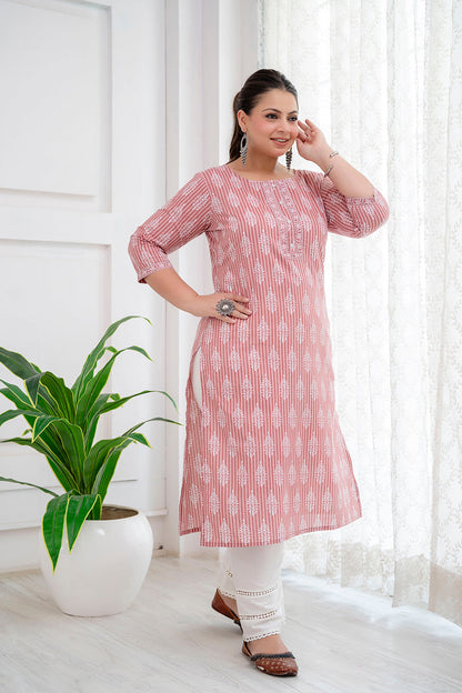 Plus size Pink & White Pure Cotton Printed Kurti Top (Top Only)