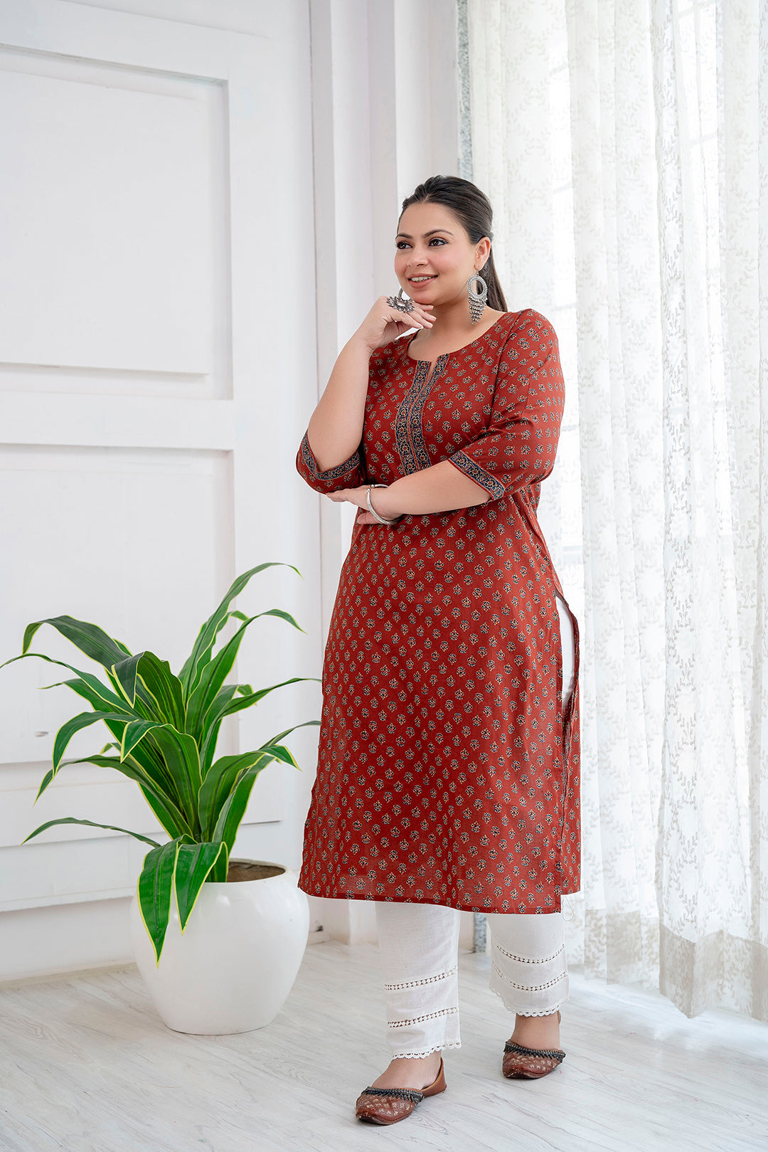 Plus Size Maroon Ethnic Printed Cotton Kurti Top( Top Only)
