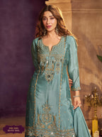 Dusty teal Mirror Emdroidered Chinon Silk Kurti With Flared Palazzo and Dupatta