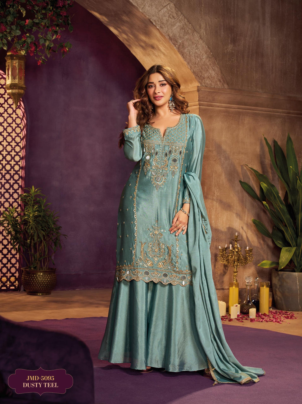 Dusty teal Mirror Emdroidered Chinon Silk Kurti With Flared Palazzo and Dupatta