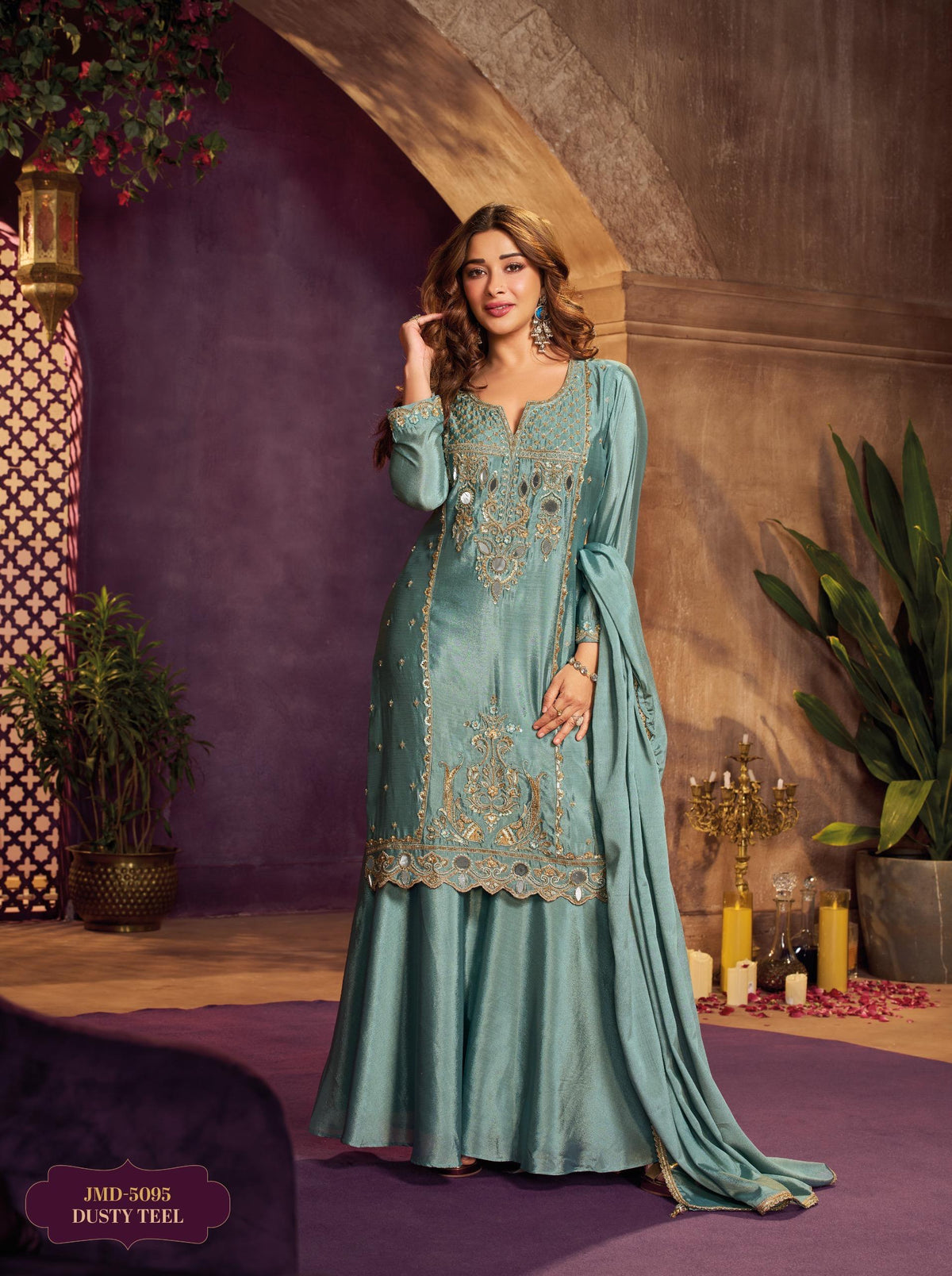 Dusty teal Mirror Emdroidered Chinon Silk Kurti With Flared Palazzo and Dupatta