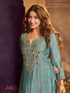 Dusty teal Mirror Emdroidered Chinon Silk Kurti With Flared Palazzo and Dupatta
