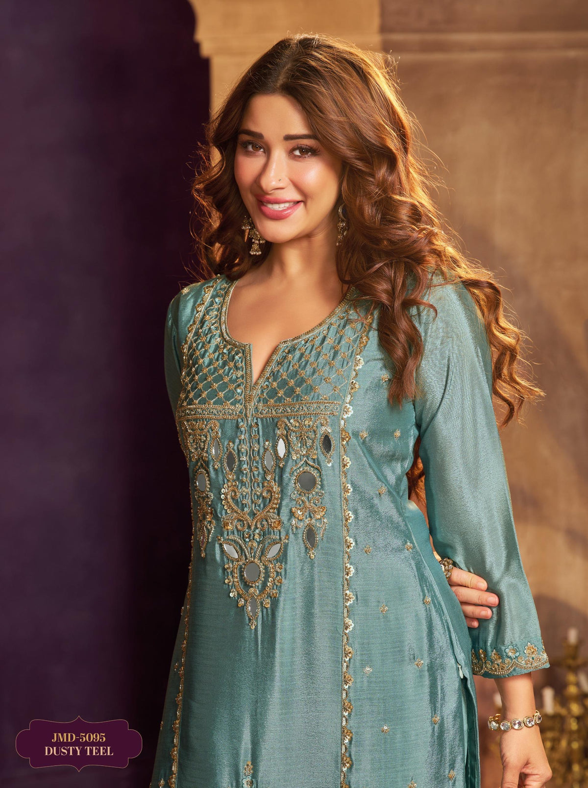 Dusty teal Mirror Emdroidered Chinon Silk Kurti With Flared Palazzo and Dupatta