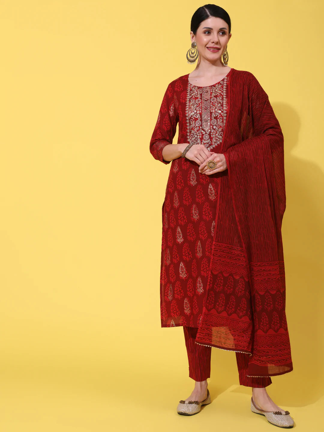 Red Cotton Printed & Zari Embroiderd Kurti Palazzo Dupatta Set