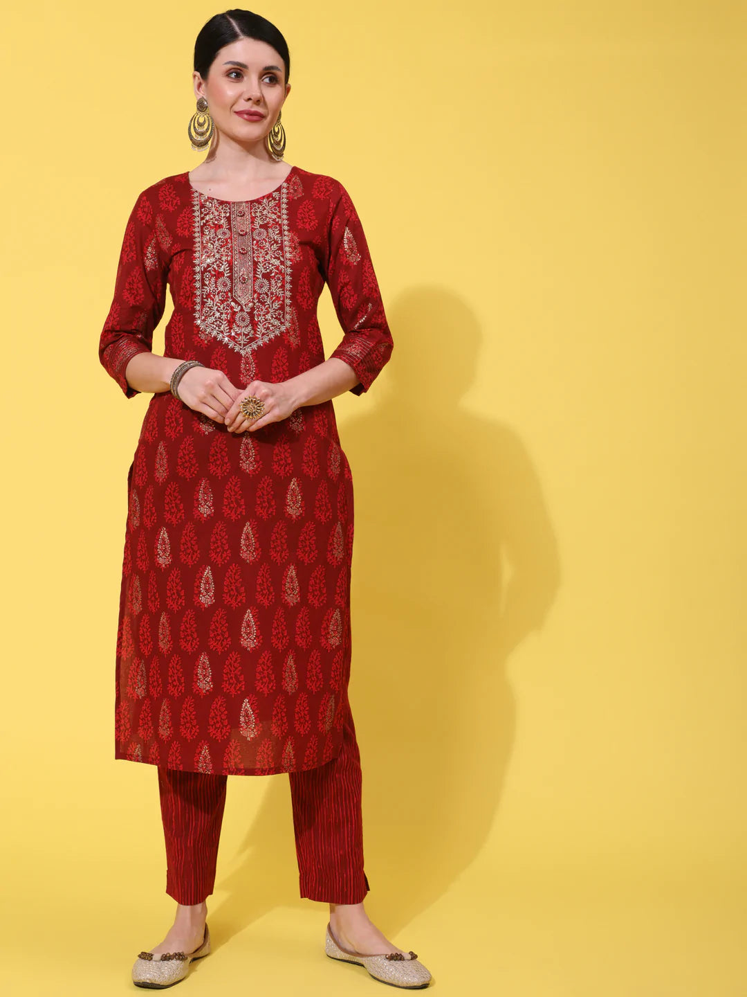 Red Cotton Printed & Zari Embroiderd Kurti Palazzo Dupatta Set