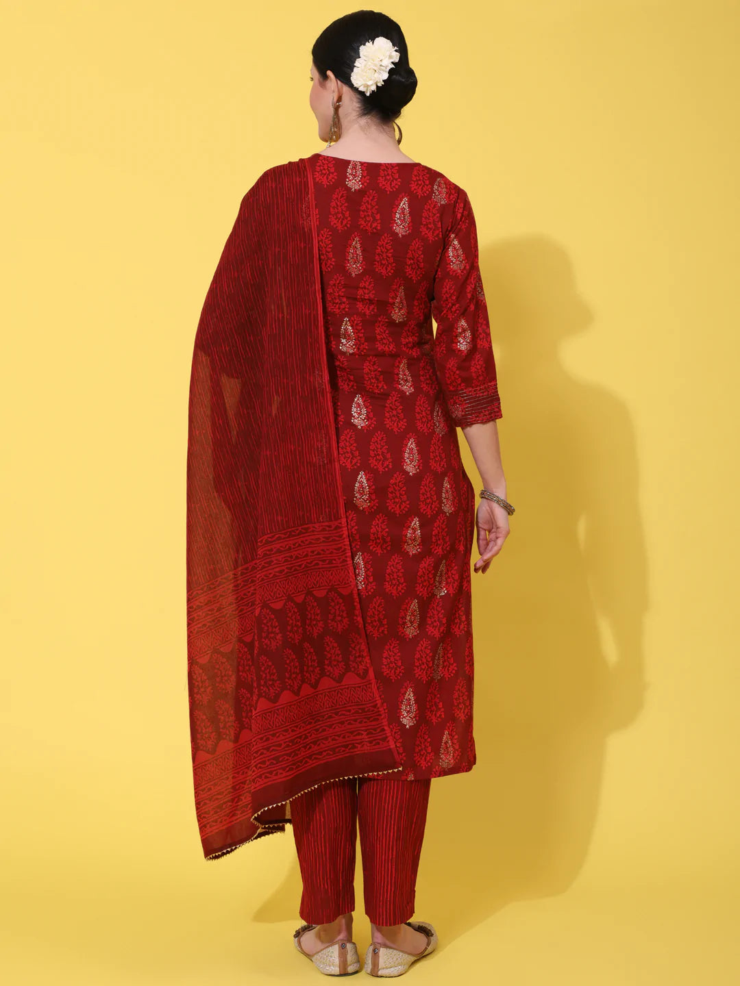 Red Cotton Printed & Zari Embroiderd Kurti Palazzo Dupatta Set