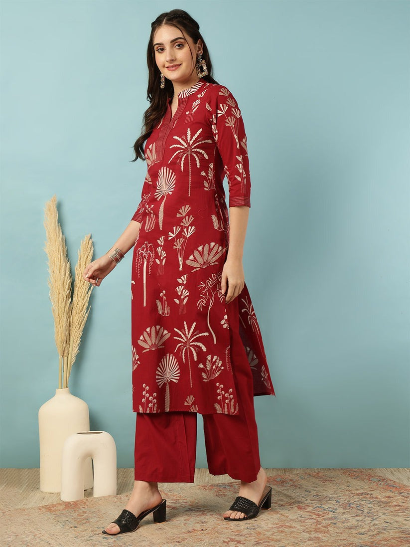 Red Printed Rayon Kurti Palazo Set